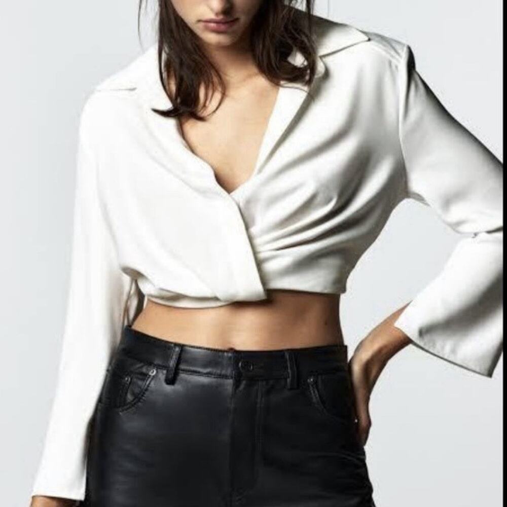 Zara Pleated Crop Top Size US Large Ivory Linen Viscose Long Sleeve Blouse NEW